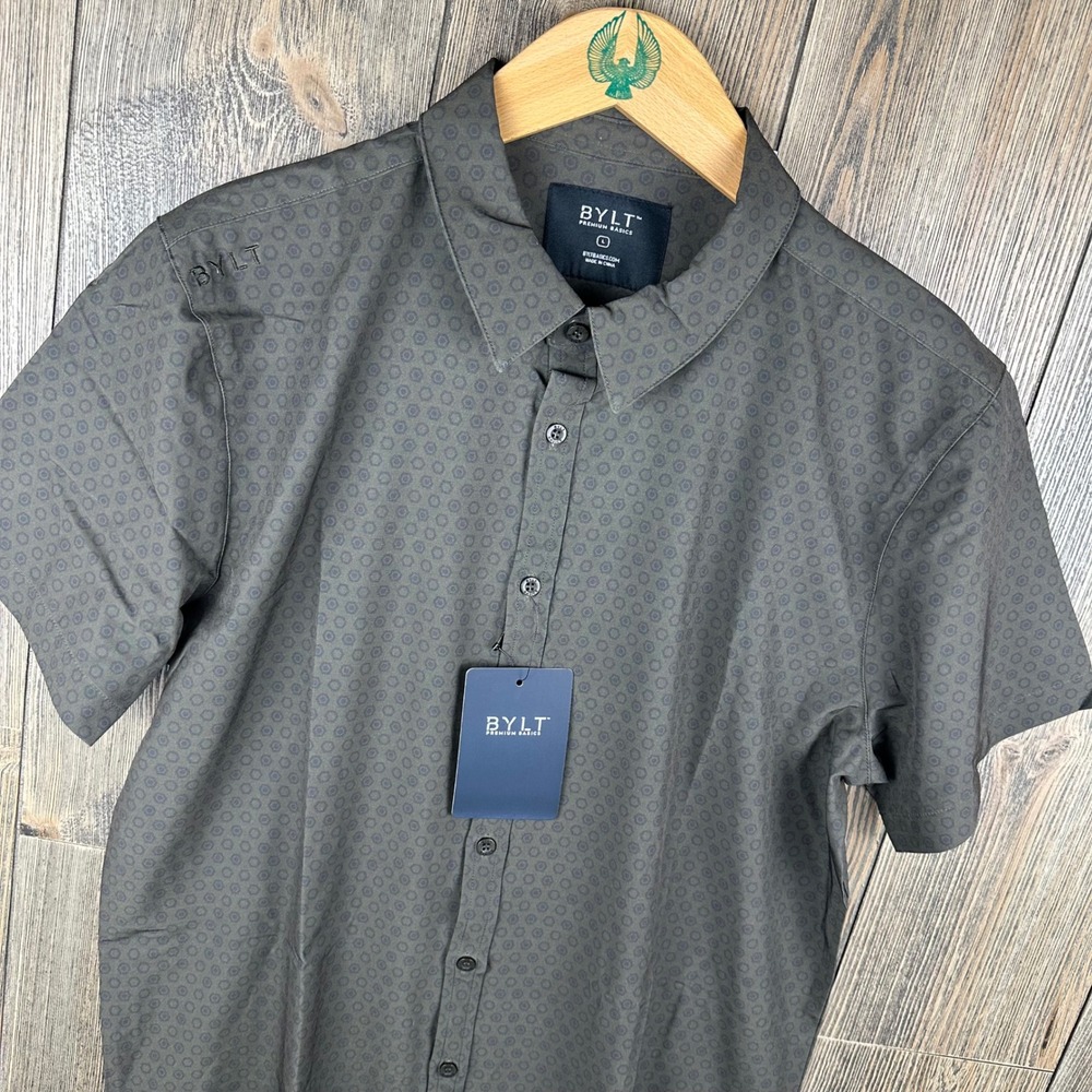 BYLT Premium Basics Riviera Button Down Shirt Mens Large Olive Green Hexagon NEW